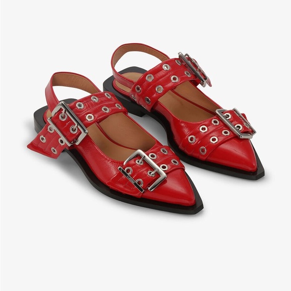 GANNI Feminine Buckle Slingback Ballerinas in Red - Picture 2 of 3